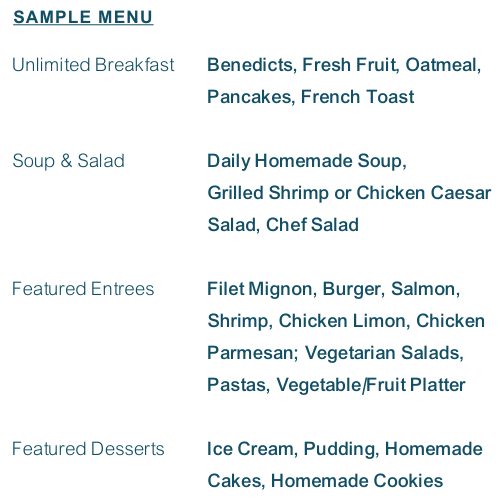 A sample menu for a senior living location that includes breakfast soup and salad options, sample entrees and featured desserts.